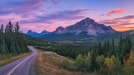 Serene Mountain Landscape with Winding Road at Sunset in Nature