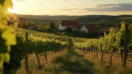 Obraz premium Vineyard Sunset Landscape: Scenic Countryside View