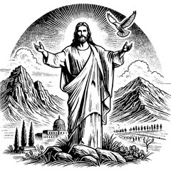 illustration, vector, black and white, christ, god, religion, sketch, jesus icon