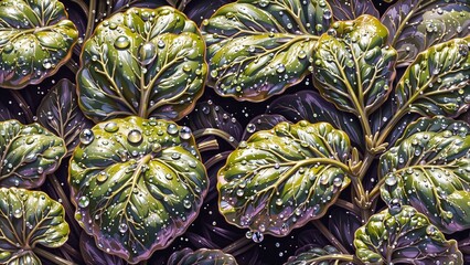Obraz premium Close-up of lush green leaves with water droplets on a dark backdrop