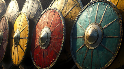 Naklejka premium Throughout history, shields have stood as stalwart protectors in battles, their sturdy forms deflecting blows and safeguarding warriors, background concept. Stalwart. Illustration