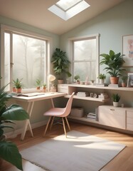 Elevation rendering of a Z-shaped study table with built-in wall seating in a simple cabin bedroom. The room boasts a bed, lovely accents, and thriving houseplants. Abundant natural light from an expa