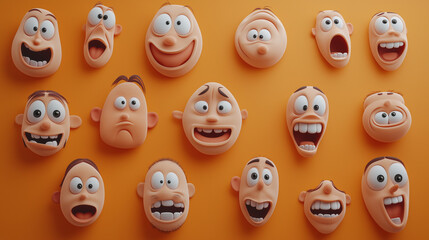Obraz premium Vielfältige emotionale Gesichtsausdrücke in lustigem, cartoonhaftem Stil