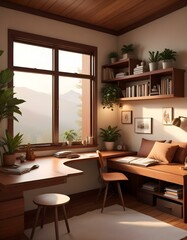 Fototapeta premium Elevation rendering of a Z-shaped study table with built-in wall seating in a simple cabin bedroom. The room boasts a bed, lovely accents, and thriving houseplants. Abundant natural light from an expa