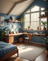 Elevation rendering of a Z-shaped study table with built-in wall seating in a simple cabin bedroom. The room boasts a bed, lovely accents, and thriving houseplants. Abundant natural light from an expa