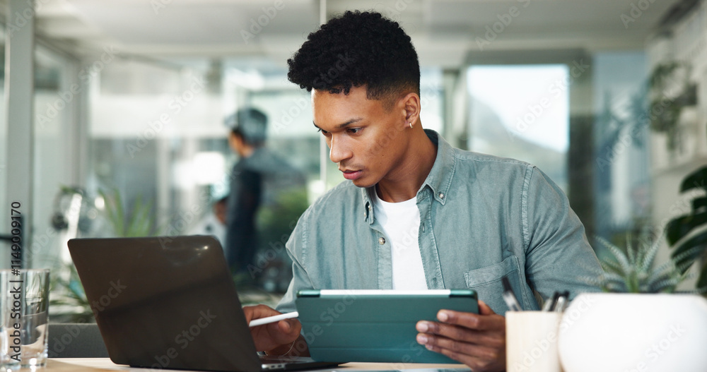 Poster man, tablet and laptop at startup in office with reading, planning or insight for project at media c