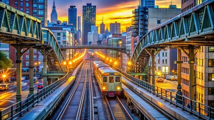 Elevated Subway Train Crossing Metropolitan Bridge in Long Island City, Queens, NYC
