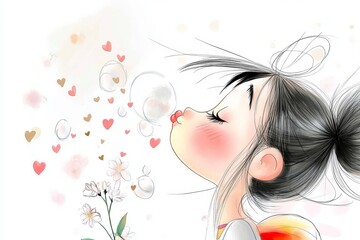 Girl blowing hearts: a valentine's day watercolor illustration