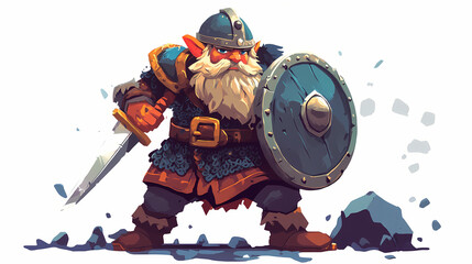 Stalwart dwarf warrior in battle stance, clad in heavy armor, leading his comrades with unwavering courage, shield and sword ready for combat. Stalwart. Illustration