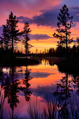 Obraz premium Serene Sunset Over Tranquil Lake with Reflective Waters and Silhouetted Trees: A Moment of Natural Peace and Beauty