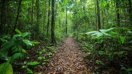 Fototapeta premium Serene Pathway Through Lush Green Rainforest Nature Scene