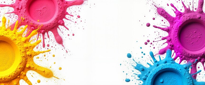Vibrant Holi powder splashes in bright pink, yellow, and blue colors with copy space for text