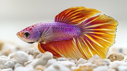 A vibrant betta fish with striking colors swimming among white pebbles.