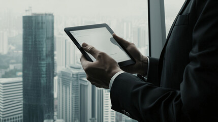 close-up of businessman holding a tablet