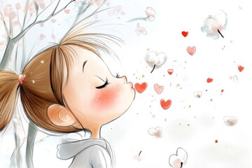 Girl blowing hearts: a valentine's day watercolor illustration