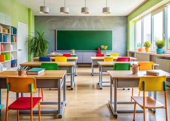 Empty Classroom, School Supplies, Blackboard - Back to School Stock Photo