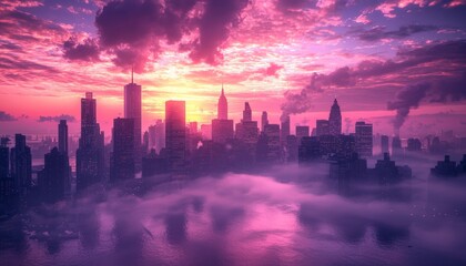 Fototapeta premium City Skyline at Sunset with Pink Clouds and Fog