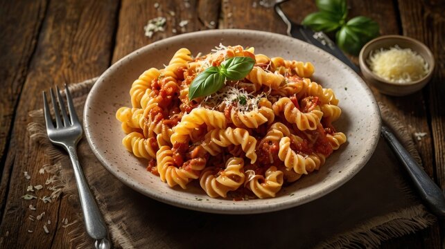 Fusilloni Pasta with Hearty Bolognese Sauce, Parmesan, and Parsley