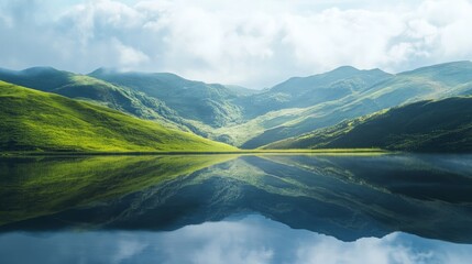 Serene Landscape Reflection of Mountains and Lush Green Hills