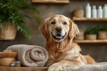 Golden retriever with bamboo grooming brush and natural products