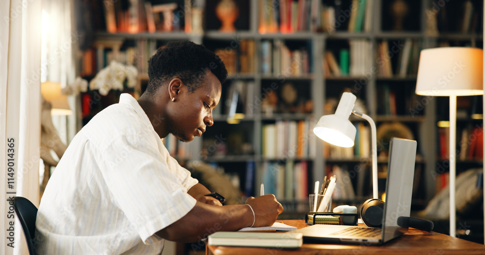 Poster laptop, college and writing with black man in home office for research, online course and scholarshi