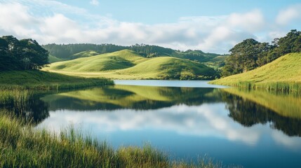 Fototapeta premium Serene Lake Reflection Surrounded by Lush Green Rolling Hills