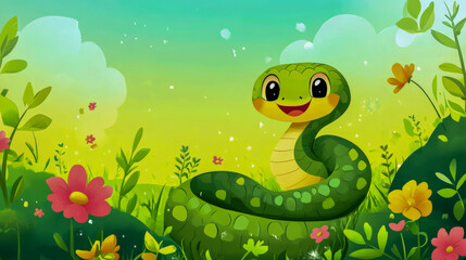 Fototapeta premium Cheerful cartoon snake in a vibrant flower-filled landscape