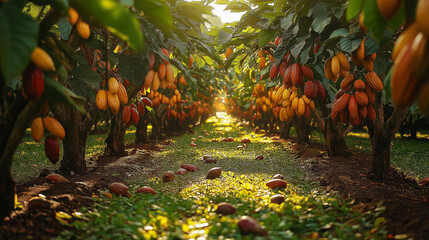 Chocolate cacao tree farm with green, yellow, orange, and red cocoa pods hanging on trees with a lush green floor.