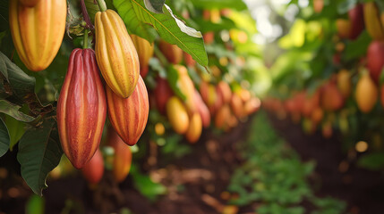 Green and Yellow Cocoa pods grow on tree. The cocoa tree ( Theobroma cacao ) with fruits.