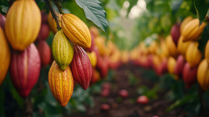 The cocoa tree ( Theobroma cacao ) with fruits. Yellow and green Cocoa pods grow on the tree