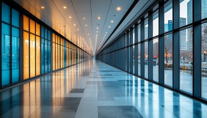 Modern glass corridor with city view and vibrant lighting
