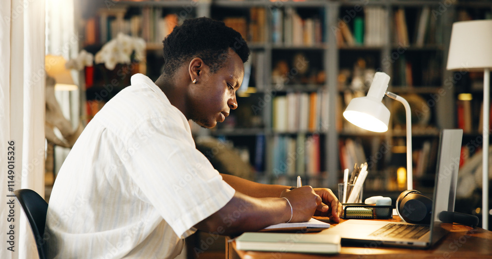 Poster laptop, college and notebook with black man in home office for research, online course and scholarsh