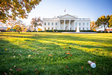 White House in Washington, DC, USA on a sunny Day with Blue Sky, Paper Cup Trash on the Lawn in Front - Copy Space