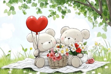 Naklejka premium Two teddy bears celebrating valentine's day with heart balloons and flowers