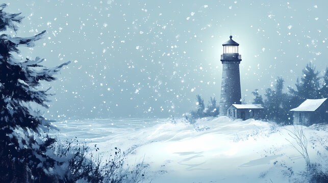 Beacon in the blizzard: a stalwart lighthouse standing tall amidst a snow-covered landscape. Stalwart. Illustration
