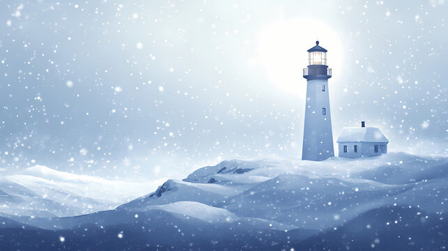 Beacon in the blizzard: a stalwart lighthouse standing tall amidst a snow-covered landscape. Stalwart. Illustration