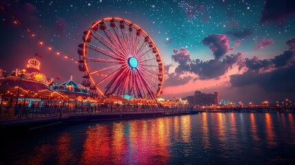 A vibrant ferris wheel illuminated at dusk near a waterfront, creating a festive atmosphere.