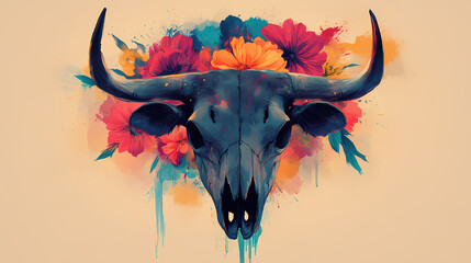 Flourishing might: a stalwart bull's skull amidst a vivid flower splash, signifying its formidable strength. Stalwart. Illustration