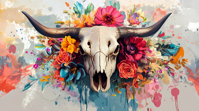 Flourishing might: a stalwart bull's skull amidst a vivid flower splash, signifying its formidable strength. Stalwart. Illustration