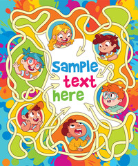 Children book cover. Maze. Template for advertising brochure. Ready for your message. Children look up with interest. Kid pointing at a blank template. Funny cartoon character. Vector illustration