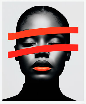 Abstract portrait of a Black woman with red bars, symbolizing invisibility and  oppression.