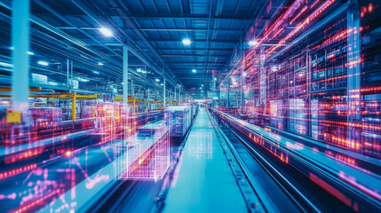 Futuristic smart warehouse with digital interfaces and automation