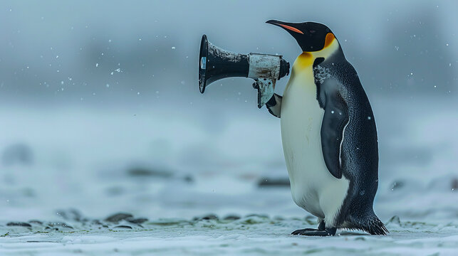 Penguin communicating with megaphone in snowy antarctic landscape