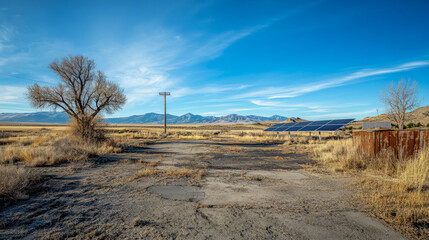 Remote solar panels in desert landscape with mountain views and blue skies