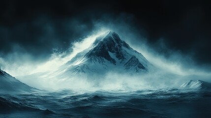 Fototapeta premium A dramatic mountain scene shrouded in mist and surrounded by turbulent waters.