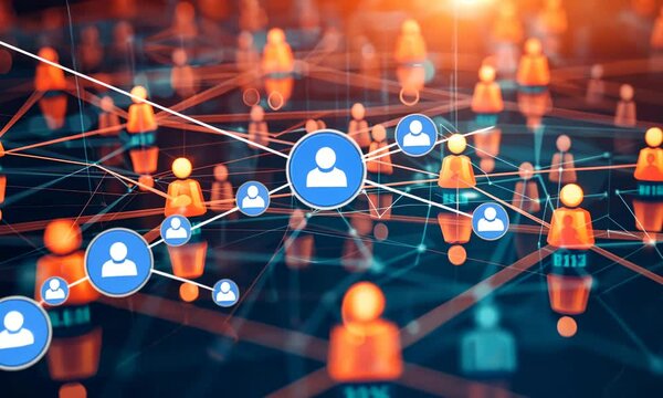 Digital illustration of network with human figures symbolizing connectivity and social media