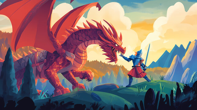 A brave knight in shining armor battling a fierce dragon to rescue a damsel in distress,. Stalwart. Illustration