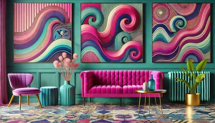 This setup features a dynamic ocean wave mural with swirling patterns in shades of blue, pink, and purple. The vibrant mural is paired with a modern purple sofa and additional decorative elements like