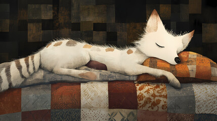 A laid-back loyalist snores peacefully on a patchwork quilt, tongue lolling out as a furry, floppy ear rests on a pillow. Stalwart. Illustration