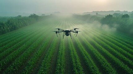 Drone flying over misty green agricultural field at sunrise.